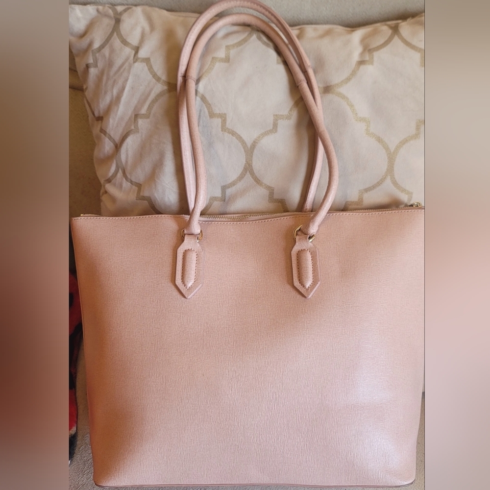Furla Leather Tote Bag Pink Zip Up Saffino Leather Bottom Studs Large Structured - Picture 2 of 16